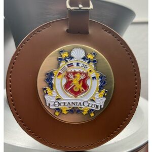 Oceania Club Luggage Tag Brown Leather Metal Emblem NEW